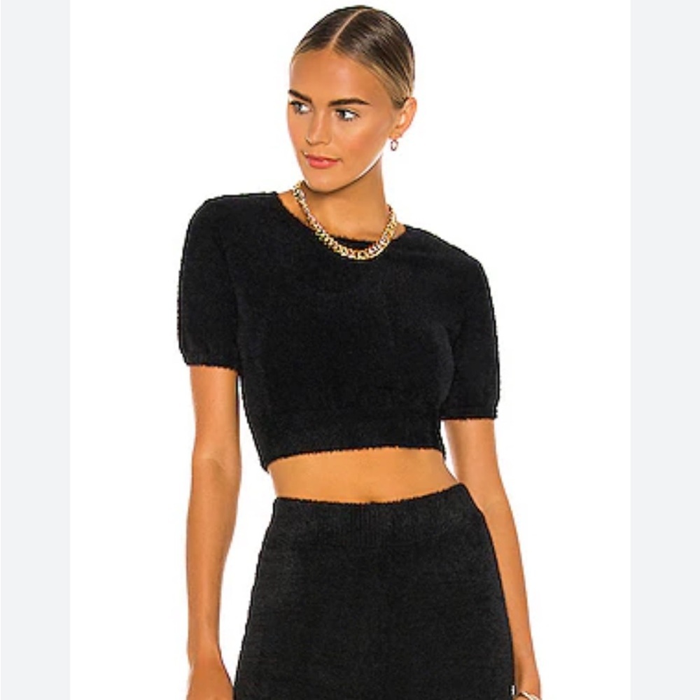 🌟AMANDA UPRICHARD🌟 CHARLETT CROP COZY FUZZY SHORT SLEEVE SWEATER BLACK SZ S